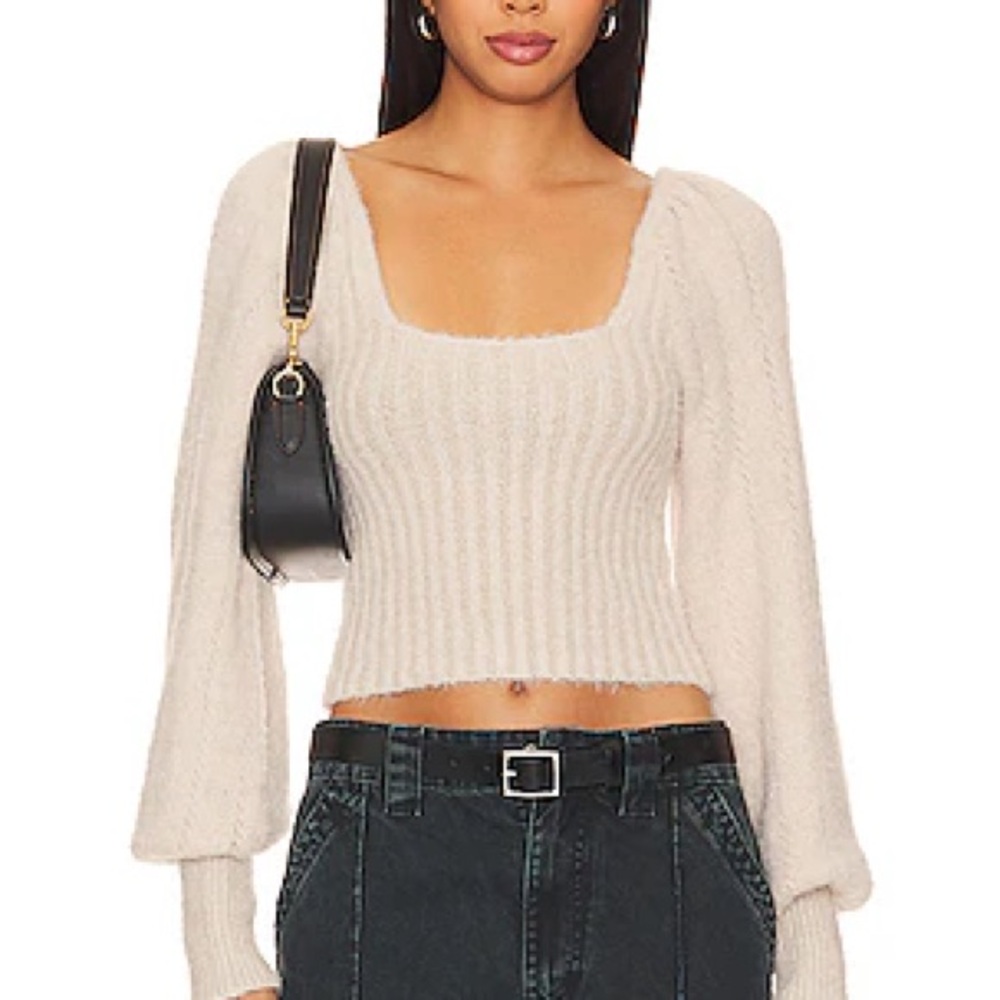 Free People Cream Fuzzy Ribbed Crop Sweater